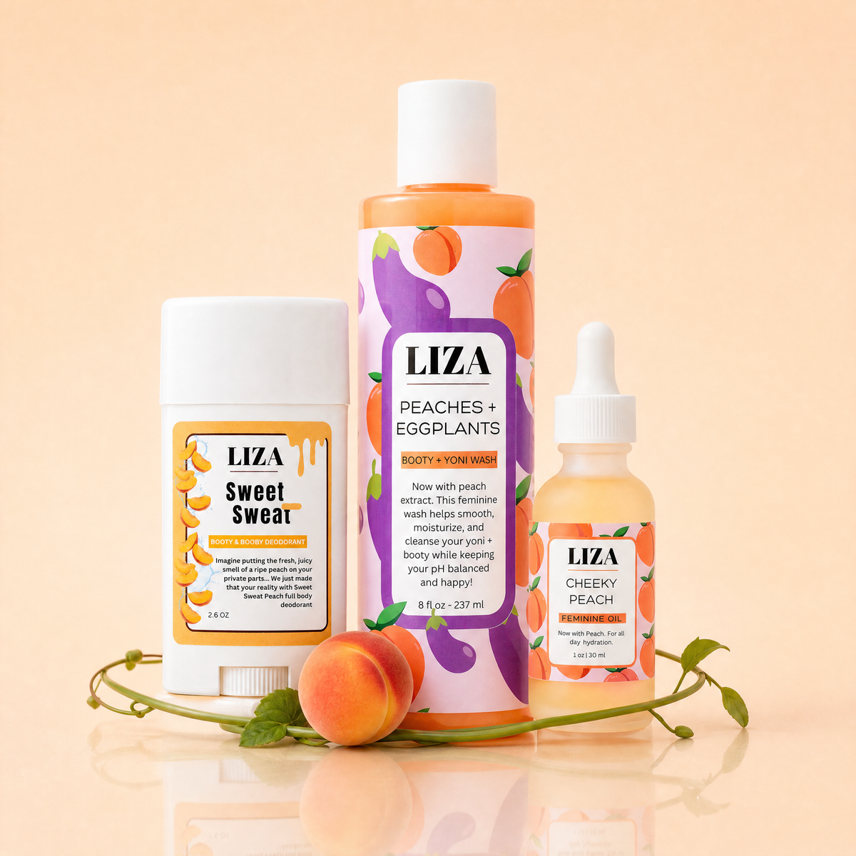 Peach Please Trio - booty + yoni wash, Cheeky Peach oil, and peach deodorant